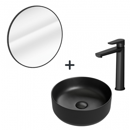 Seturi lavoare cu baterie si oglinda - Set lavoar baie rotund, baterie plus oglinda rotunda rama neagra