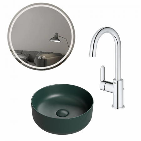 Provocarea mintii - ghicitori cu reduceri - Set lavoar baie rotund cu linii 3D, verde inchis mat, Foglia Line, baterie crom marimea L si oglinda rotunda cu iluminare LED si dezaburire