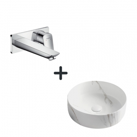 Set lavoar baie rotund efect marmura Foglia plus baterie incastrata crom Hansgrohe Logis [0]