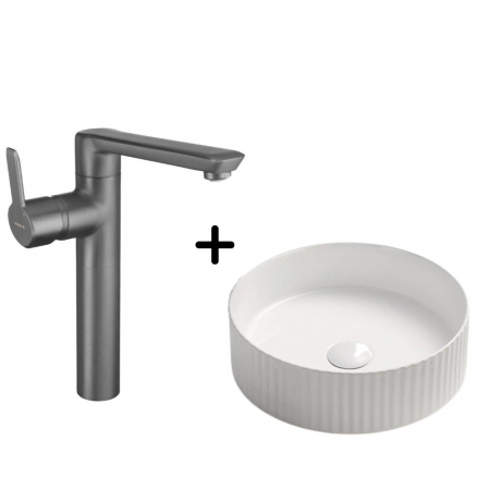 Perechea perfecta - Set lavoar baie rotund, plus baterie gri inalta Arnika