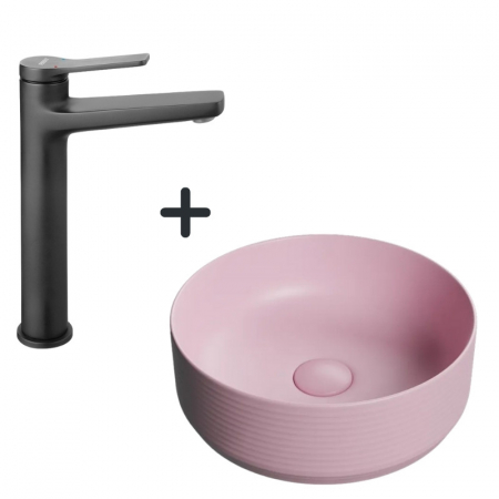 Seturi chiuvete cu baterie lavoar - Set lavoar baie rotund roz mat cu ventil inclus plus baterie neagra Ferro, Stratos