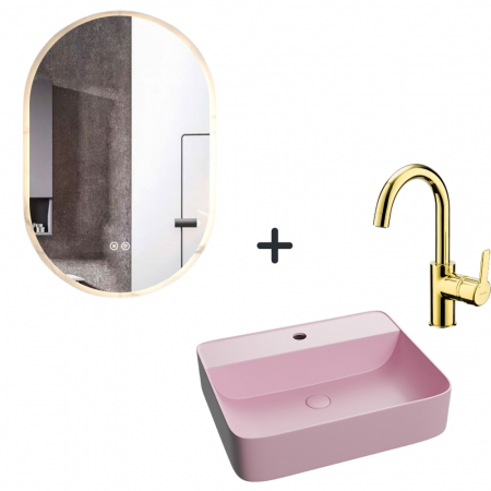 Seturi lavoare cu baterie si oglinda - Set lavoar baie roz, baterie aurie plus oglinda ovala cu iluminare LED si dezaburire Dali
