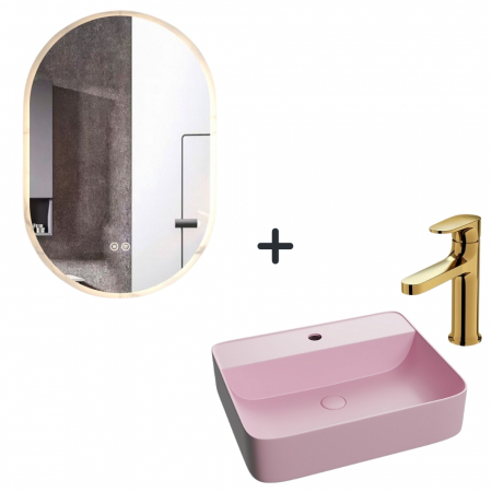 Seturi lavoare cu baterie si oglinda - Set lavoar baie roz, baterie plus oglinda ovala cu iluminare LED si dezaburire Dali