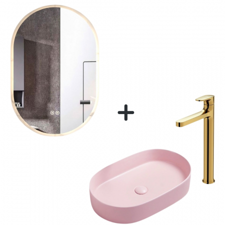 Perechea perfecta - Set lavoar baie roz oval, baterie plus oglinda ovala cu iluminare LED si dezaburire Dali