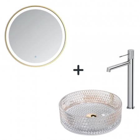 Baterii baie - Set lavoar baie sticla securizata, baterie plus oglinda rotunda cu iluminare LED si dezaburire Gold-Lady