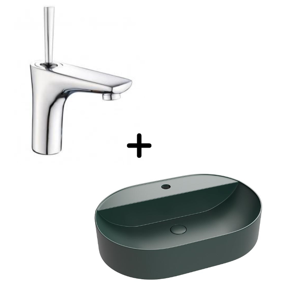 Baie completa - Set lavoar baie verde inchis cu ventil inclus plus baterie crom Line Foglia