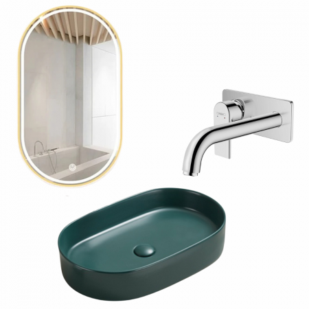 Provocarea mintii - ghicitori cu reduceri - Set lavoar baie verde inchis mat 60 cm, Adelais Foglia, baterie incastrata, crom lucios si oglinda cu iluminare LED si dezaburire
