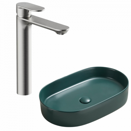 Provocarea mintii - ghicitori cu reduceri - Set lavoar baie verde inchis mat, Adelais Foglia, plus baterie inalta nichel periat, Cersanit Crea