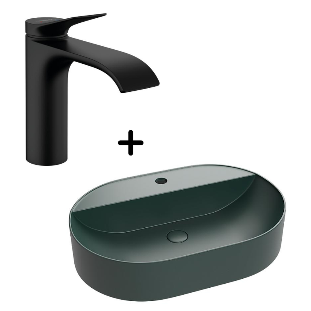 Baie completa - Set lavoar baie verde inchis pe blat cu ventil inclus plus baterie neagra Hansgrohe Vivenis