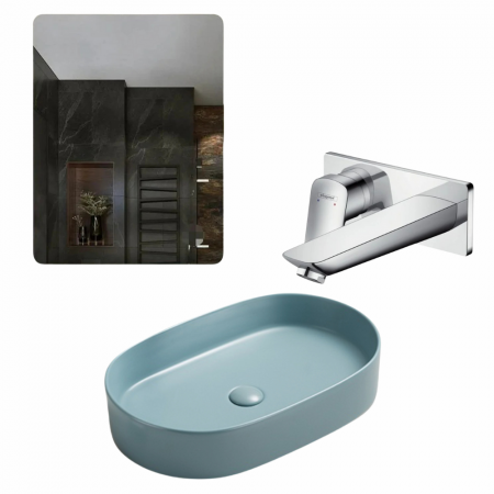 Provocarea mintii - ghicitori cu reduceri - Set lavoar baie verde turcoaz, Adelais Foglia, baterie crom si oglinda dreptunghiulara cu iluminare LED in 3 culori si dezaburire