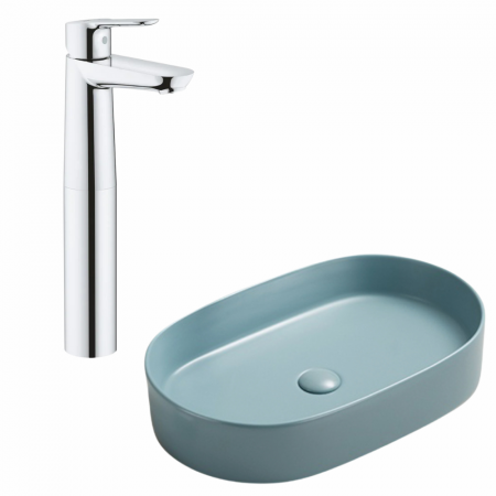 Seturi chiuvete cu baterie lavoar - Set lavoar baie verde turcoaz mat montaj pe blat, Adelais Foglia, plus baterie lavoar crom, Grohe BauEdge