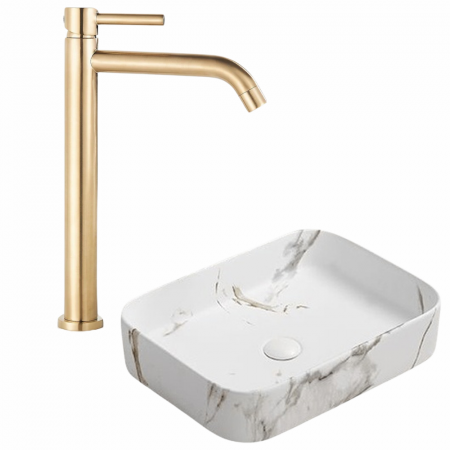 Perechea perfecta - Set lavoar efect marmura, dreptunghiular pe blat, Dione Foglia, plus baterie slim aurie, Wasser Gold