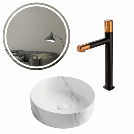 Set lavoar rotund cu efect marmura, Chloe Foglia, baterie inalta si oglinda rotunda cu iluminare LED si dezaburire [0]