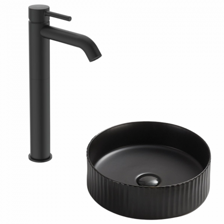 Provocarea mintii - ghicitori cu reduceri - Set lavoar rotund pe blat, cu riflaje 3D Imperial Foglia plus baterie inalta negru mat, Ideal Standard