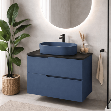 Seturi mobilier cu lavoar - Set mobilier 60 cm albastru inchis baie,  lavoar din compozit cu monatre pe blat