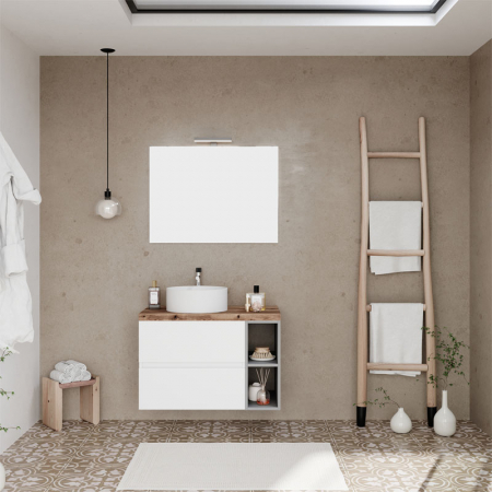 Set mobilier alb pentru lavoar pe blat, Genova 80 cm, cu blat stejar [2]