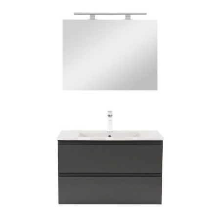 Seturi mobilier cu lavoar - Set mobilier baie antracit cu lavoar ceramic 80 cm si oglinda 60x80 cm, Leziter Vario Forte