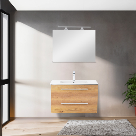 Seturi mobilier cu lavoar - Set mobilier baie antracit-stejar cu lavoar ceramic 80 cm si oglinda 60x80 cm, Leziter Vario Clam