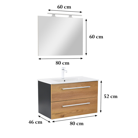 Set mobilier baie antracit-stejar cu lavoar ceramic 80 cm si oglinda 60x80 cm, Leziter Vario Clam [1]