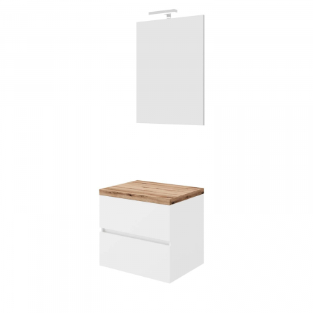 Dulapuri de baie suspendate - Set mobilier baie cu blat 60 cm imitatie lemn si oglinda cu LED si lampa, SaviniDue