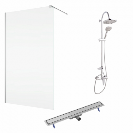 Paravane de dus walk-in - Set paravan dus 80x200 cm Aquaperle, Easy Sanswiss, rigola cu capac faiantabil reversibil din otel si coloana dus crom