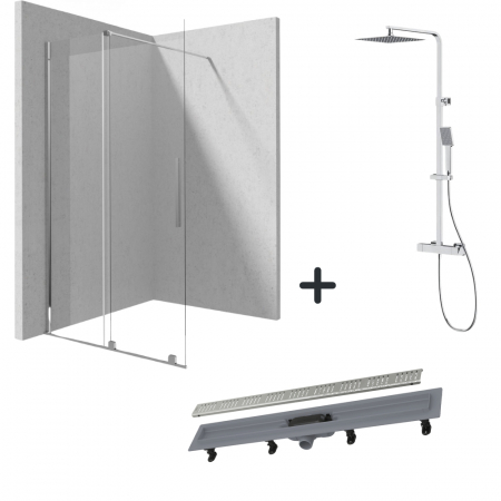 Perechea perfecta - Set paravan dus walk-in 100x195 cm, rigola si coloana de dus cu baterie termostatata crom City