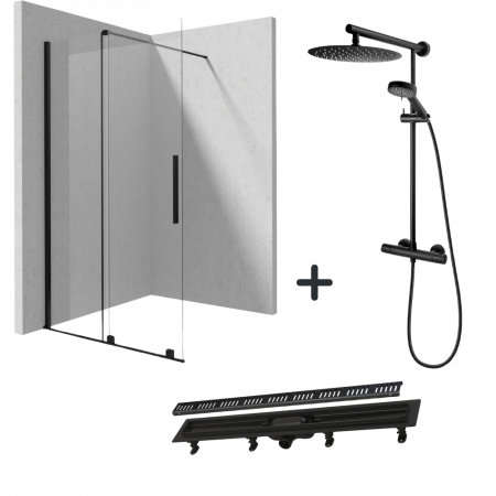 Perechea perfecta - Set paravan dus walk-in 120x195 cm, rigola si coloana de dus cu baterie termostatata negru mat Anima