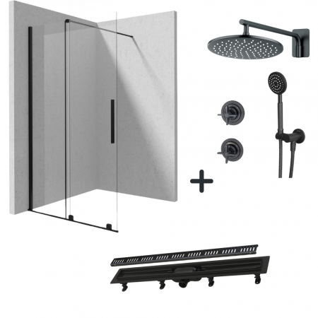 Perechea perfecta - Set paravan dus walk-in 100x195 cm, rigola si set de dus incastrat negru Temisto