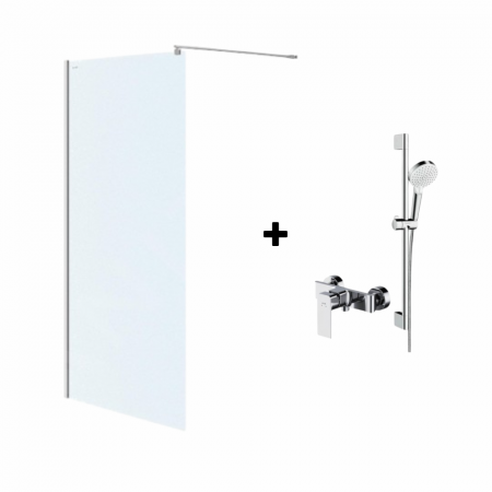 Paravane de dus walk-in - Set paravan dus walk-in 100x200 cm Cersanit Mille, profil crom, cu  bara, para dus si furtun, Hansgrohe si baterie dus, culoare crom, Cersanit Suaro