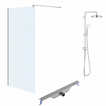 Seturi paravane de dus Walk-in si coloane - Set paravan dus walk-in 100x200 cm Cersanit Mille, rigola cu iesire laterala si capac crom plus coloana de dus crom