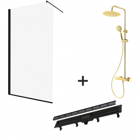 Perechea perfecta - Set paravan dus walk-in 100x200 cm, rigola si coloana de dus aurie Arnika