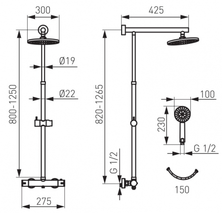 Set paravan dus walk-in 100x200 cm, rigola si coloana de dus cu baterie termostatata auriu lucios Anima [2]