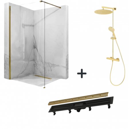 Seturi paravane de dus Walk-in si coloane - Set paravan dus walk-in 100x200 cm, rigola si coloana de dus cu baterie termostatata auriu lucios Anima