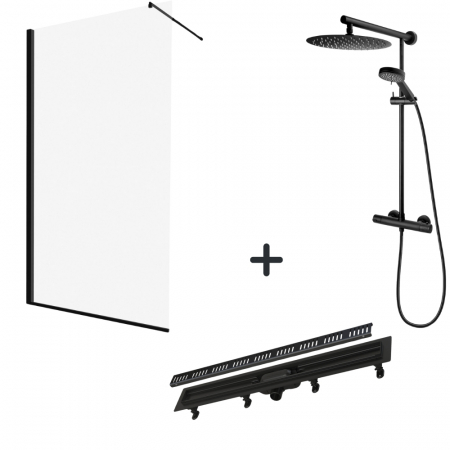 Perechea perfecta - Set paravan dus walk-in 100x200 cm, rigola si coloana de dus cu baterie termostatata negru mat Anima