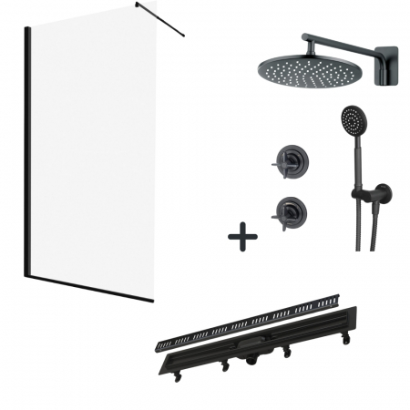 Perechea perfecta - Set paravan dus walk-in 100x200 cm, rigola si set de dus incastrat negru mat Temisto