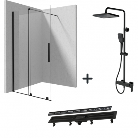 Perechea perfecta - Set paravan dus walk-in 120x195 cm, rigola si coloana de dus negru mat Anemon