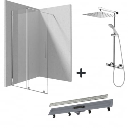 Seturi paravane de dus Walk-in si coloane - Set paravan dus walk-in 90x195 cm, rigola si coloana de dus cu baterie termostatata crom Anima