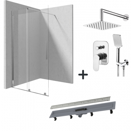 Seturi paravane de dus Walk-in si coloane - Set paravan dus walk-in 90x195 cm, rigola si set de dus incastrat crom lucios Alpinia