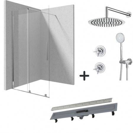 Seturi paravane de dus Walk-in si coloane - Set paravan dus walk-in 90x195 cm, rigola si set de dus incastrat crom Temisto