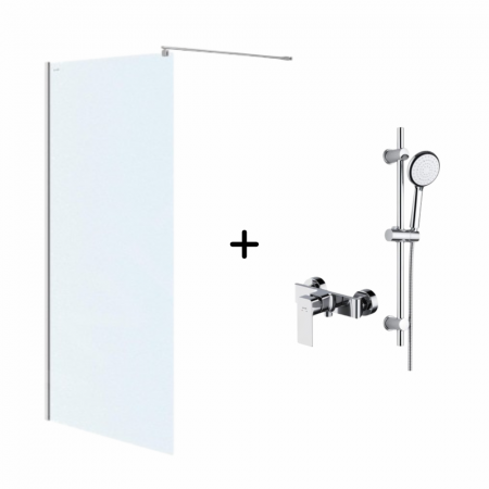 Festivalul reducerilor - Set paravan dus walk-in 100x200 cm Cersanit Mille, profil crom, cu baterie dus, bara, furtun si para dus cu 6 functii