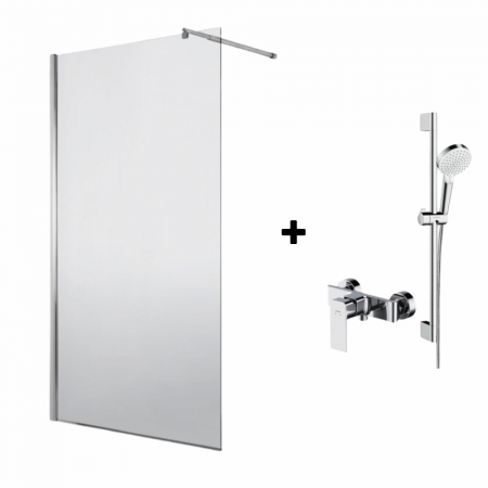 Paravane de dus walk-in - Set paravan dus walk-in 90x200 cm crom Deante Abelia, bara, para dus si furtun Hansgrohe si baterie dus Cersanit Suaro