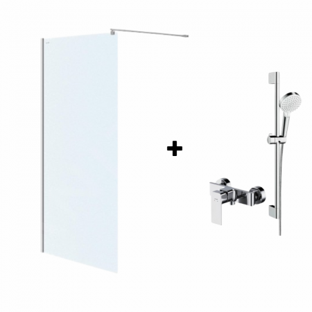 Paravane de dus walk-in - Set paravan dus walk-in 90x200 cm, crom lucios, Mediterraneo Foxy, bara, para dus, furtun, Hansgrohe si baterie dus Cersanit Suaro