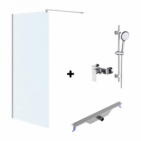 Festivalul reducerilor - Set paravan dus walk-in 90x200 cm, Mediterraneo Foxy, rigola iesire laterala, 700 mm, bara, para, furtun si baterie dus