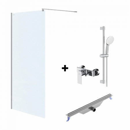 Paravane de dus walk-in - Set paravan dus walk-in 90x200 cm, Mediterraneo Foxy, rigola iesire laterala, 700 mm, bara, para, furtun si baterie dus Cersanit Suaro