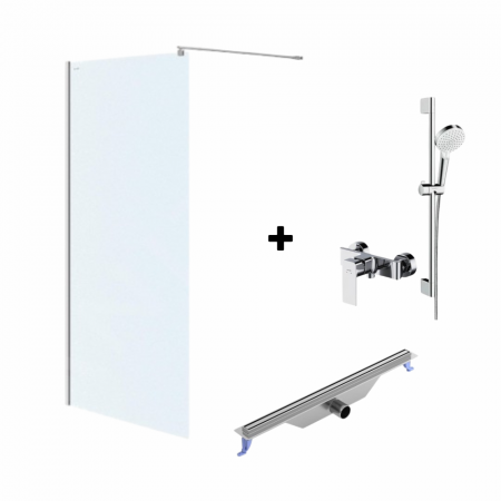 Paravane de dus walk-in - Set paravan dus walk-in 90x200 cm, Mediterraneo Foxy, rigola iesire laterala, 700 mm, baterie dus Cersanit Suaro si set de dus Hansgrohe