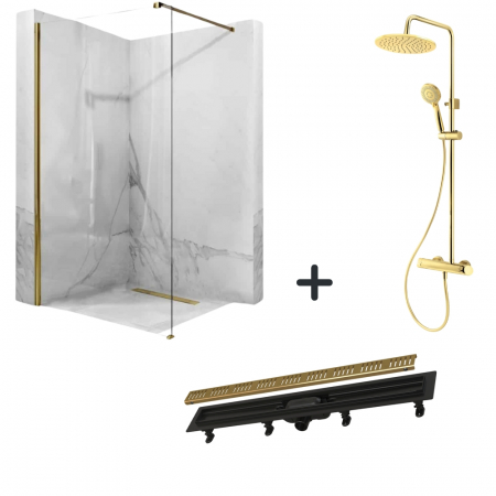 Perechea perfecta - Set paravan dus walk-in 90x200 cm, rigola si coloana de dus aurie Arnika