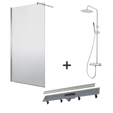 Seturi paravane de dus Walk-in si coloane - Set paravan dus walk-in 90x200 cm, rigola si coloana de dus crom Arnika