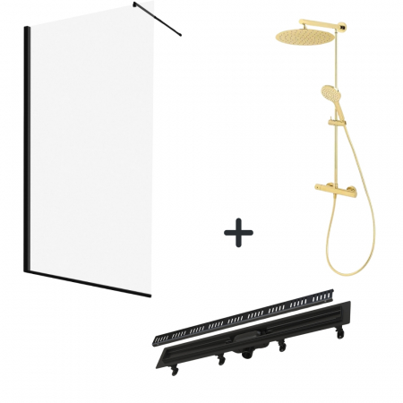 Perechea perfecta - Set paravan dus walk-in 90x200 cm, rigola si coloana de dus cu baterie termostatata aurie Anima