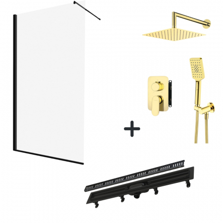 Perechea perfecta - Set paravan dus walk-in 90x200 cm, rigola si set de dus incastrat auriu Alpinia