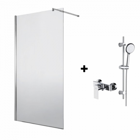 Paravane de dus walk-in - Set paravan dus walk-in 90x200 cm sticla securizata crom Deante Abelia, cu bara, furtun, para dus cu 6 functii Deante Boro si baterie dus, Cersanit Suaro